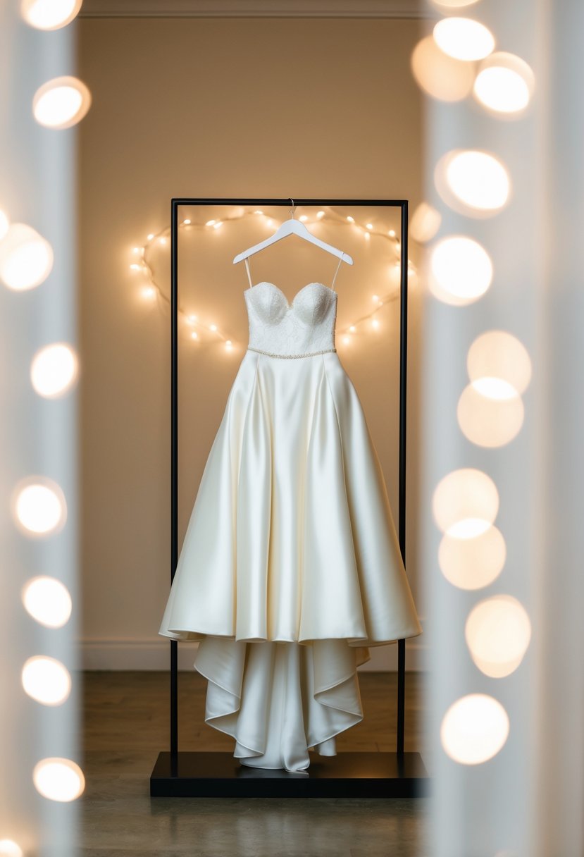 An elegant ivory wedding dress on a minimalist display stand, surrounded by soft, romantic lighting