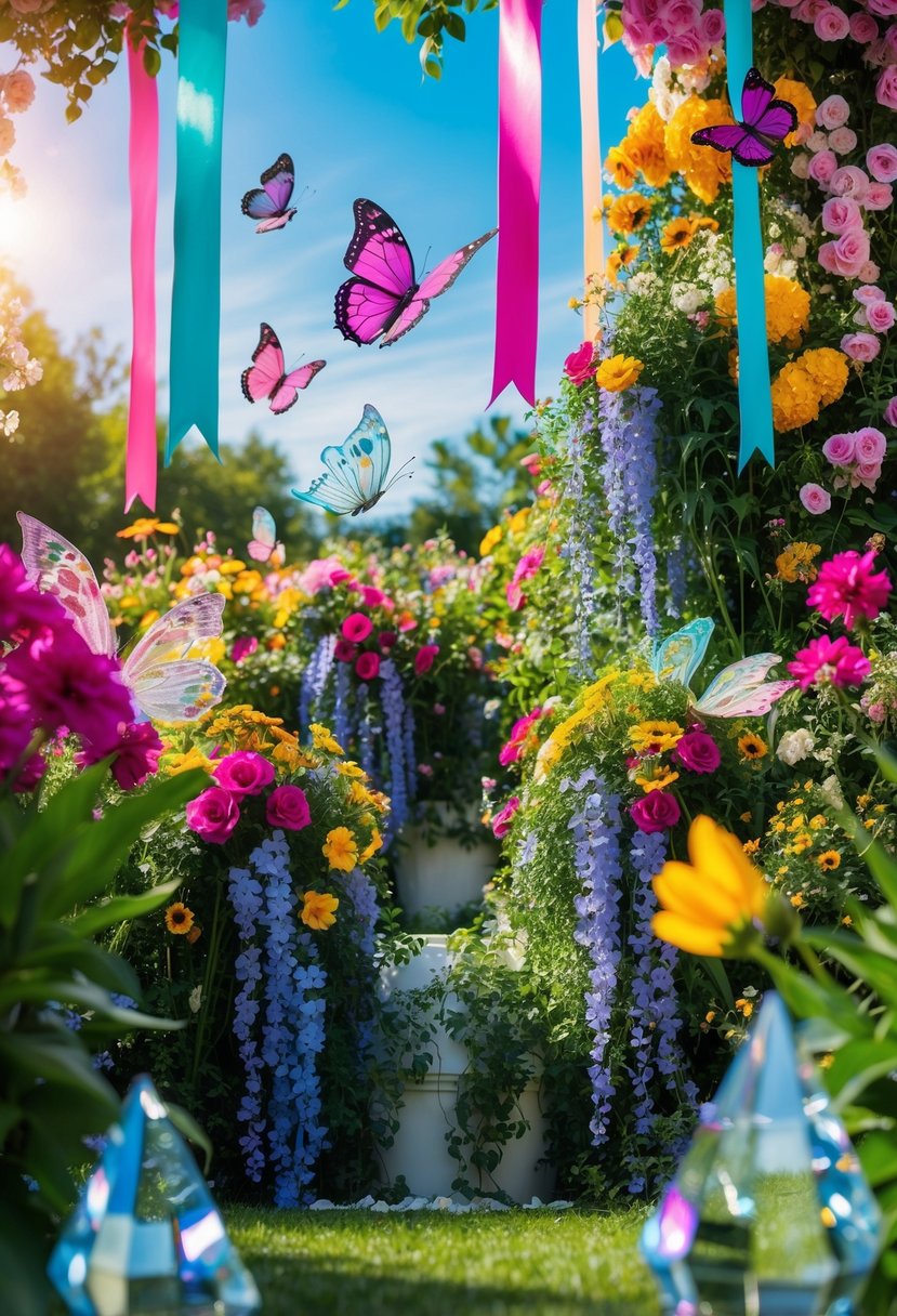 A vibrant garden with cascading flowers and flowing ribbons, surrounded by whimsical butterflies and sparkling crystals