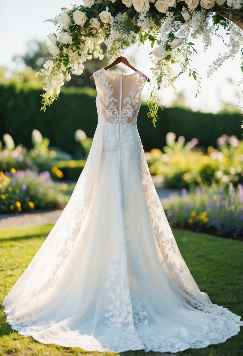 A flowing lace wedding dress adorned with delicate floral patterns, set against a romantic garden backdrop