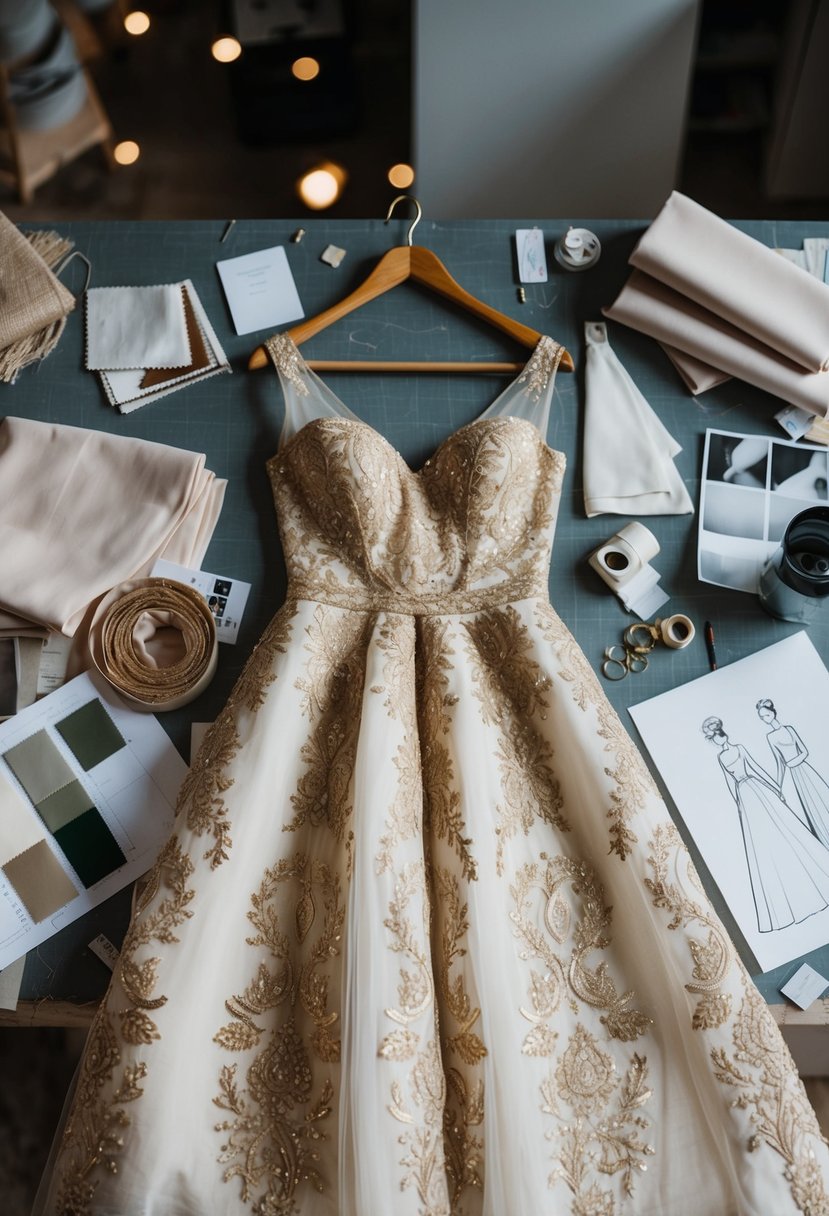 A golden-embroidered ivory wedding dress surrounded by fabric swatches and design sketches on a cluttered work table