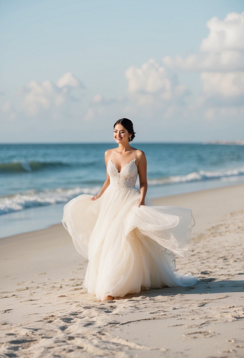 A serene beach setting with an ivory wedding dress flowing in the breeze, surrounded by soft sand and gentle waves