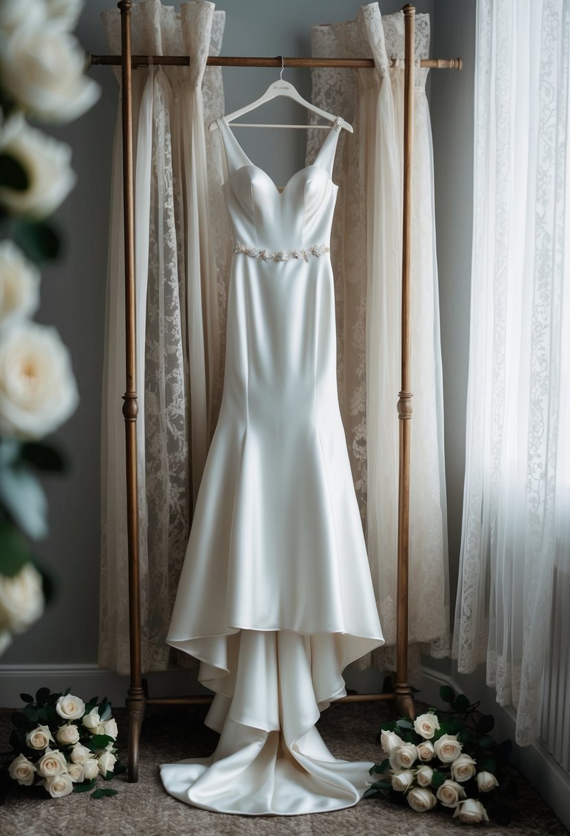 A drop-waist mermaid gown hangs from a vintage coat rack, surrounded by delicate lace curtains and a bouquet of white roses