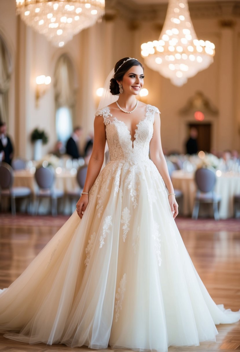 A bride in a flowing ivory gown, adorned with lace and pearls, stands in a grand ballroom with chandeliers and ornate decor