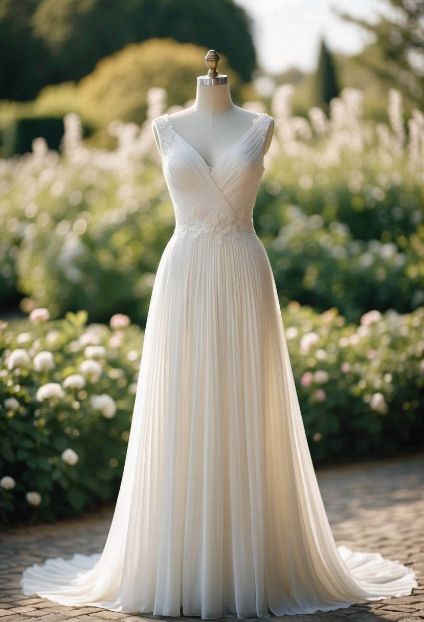 A pleated basque waist wedding dress with flowing fabric and delicate lace details, set against a romantic garden backdrop