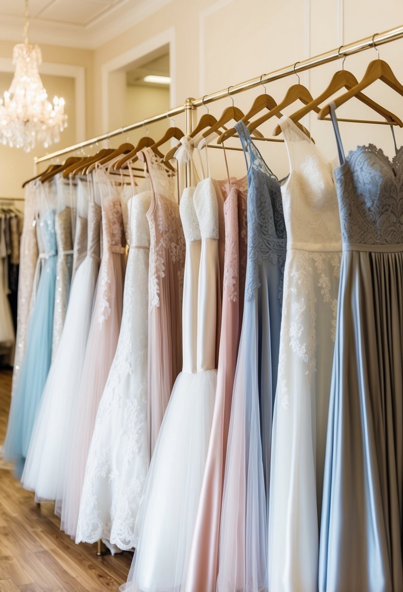 A rack of wedding dresses in various styles and colors, with lace, tulle, and satin fabrics, displayed in a bright and elegant bridal boutique