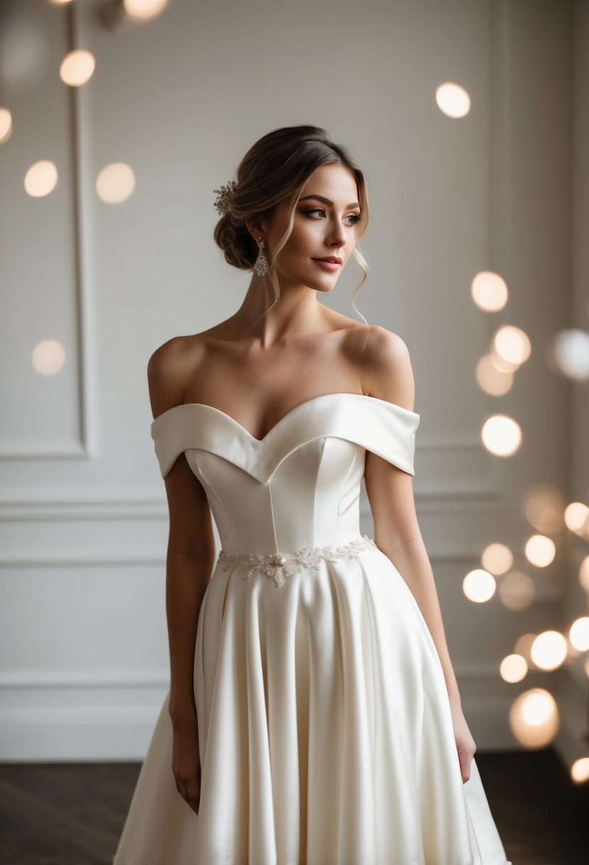 An elegant ivory wedding dress with off-shoulder satin style, flowing fabric, and delicate details