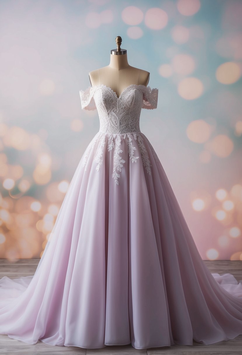 A flowing, off-the-shoulder gown with delicate lace detailing, a fitted bodice, and a full, floor-length skirt, set against a dreamy, ethereal backdrop of soft pastel hues and twinkling lights