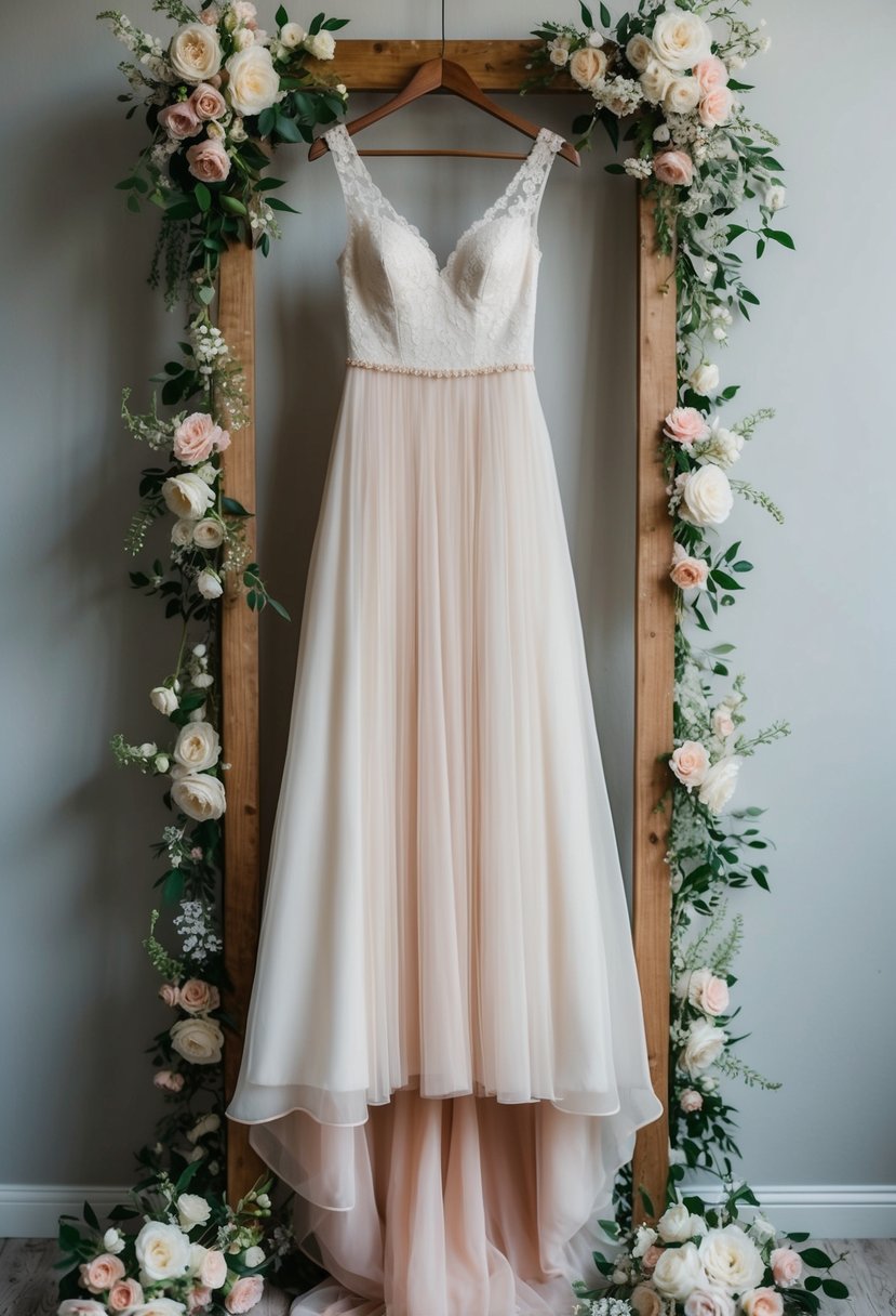 A flowing ivory wedding dress with blush undertones hangs on a vintage wooden hanger, surrounded by delicate lace and floral accents