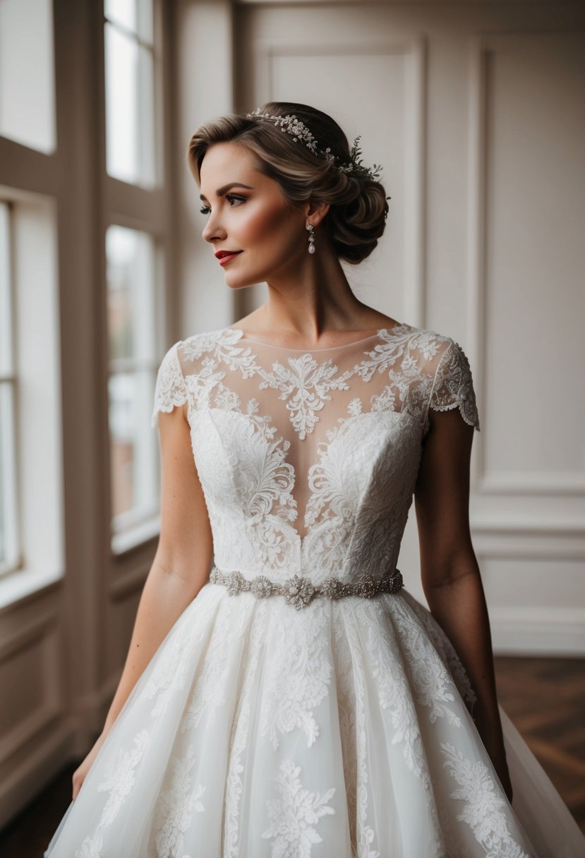 A vintage lace wedding dress with a modern twist, featuring delicate details and elegant embellishments