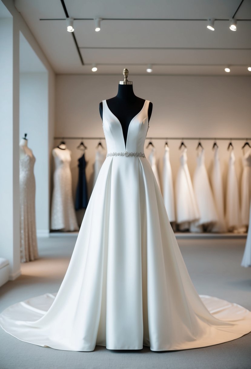 A sleek, elegant wedding dress displayed on a mannequin in a softly lit, minimalist showroom