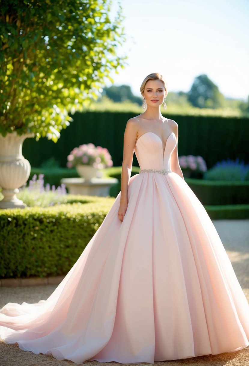 A bride in a blush pink ballgown stands in an elegant, sunlit garden