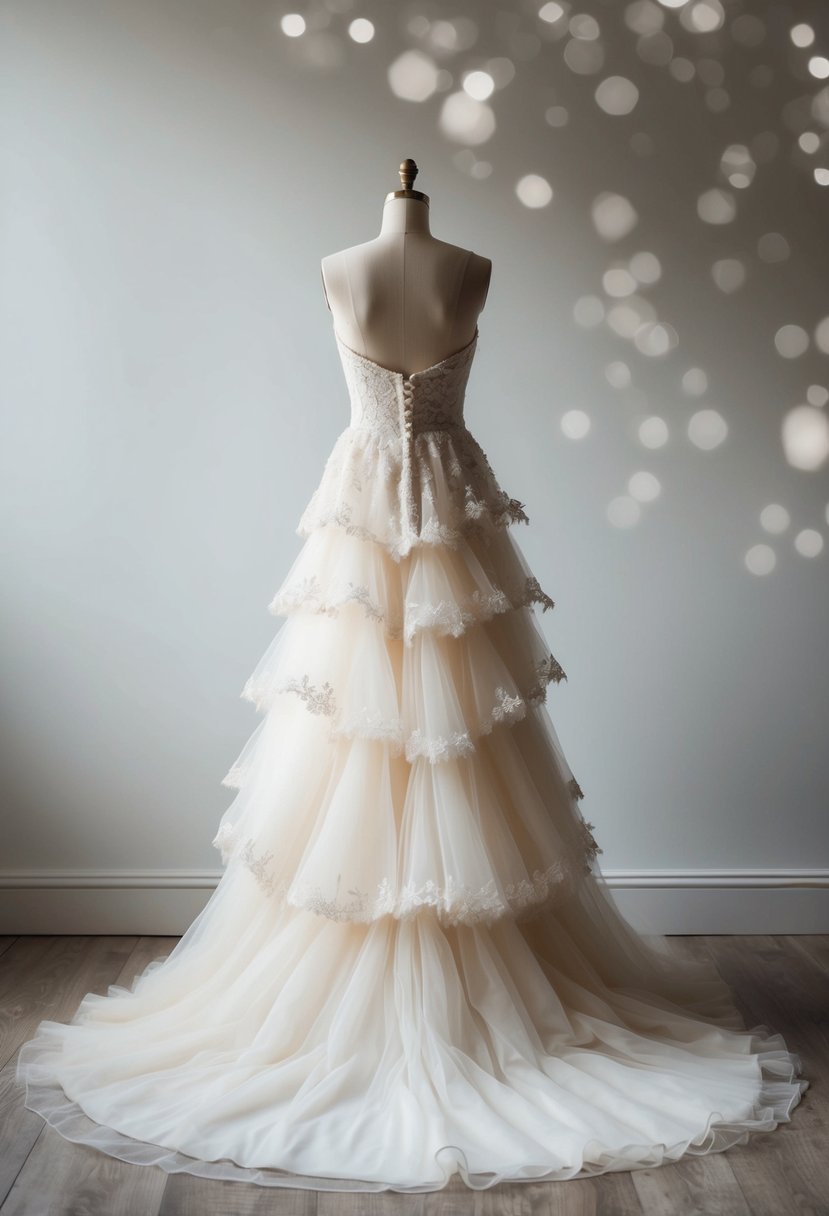 A flowing ivory wedding dress adorned with delicate tulle layers cascading down in a romantic and ethereal fashion