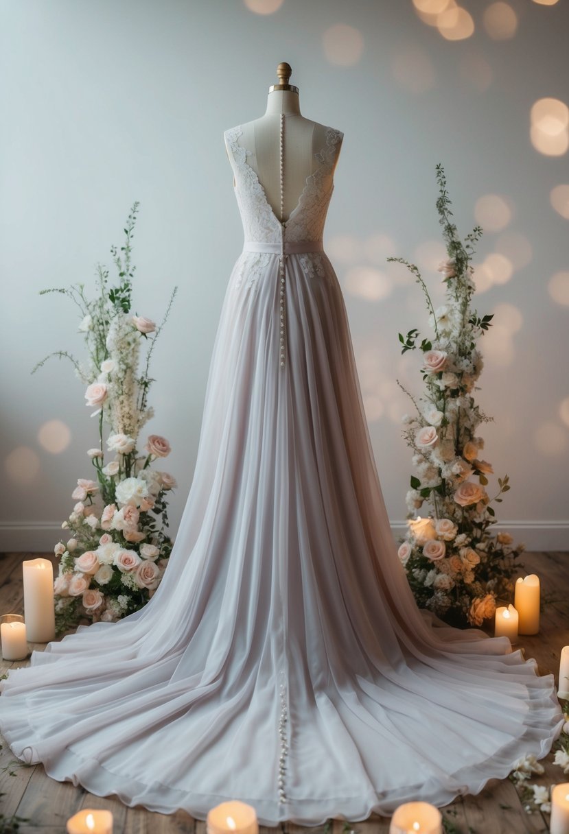 A flowing wedding dress in muted pastel shades, surrounded by delicate flowers and soft candlelight