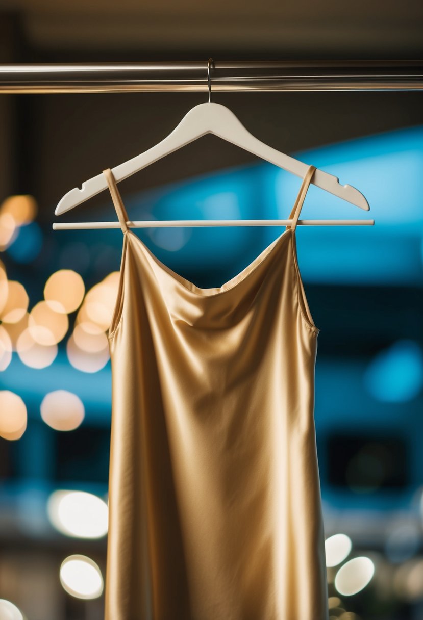 A simple silk slip dress hanging on a sleek modern hanger