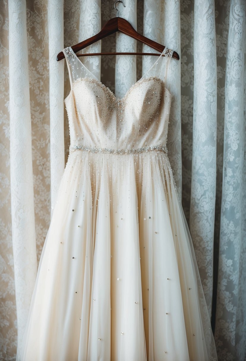 A soft ivory wedding dress adorned with delicate sequins, hanging on a vintage wooden hanger against a backdrop of lace curtains