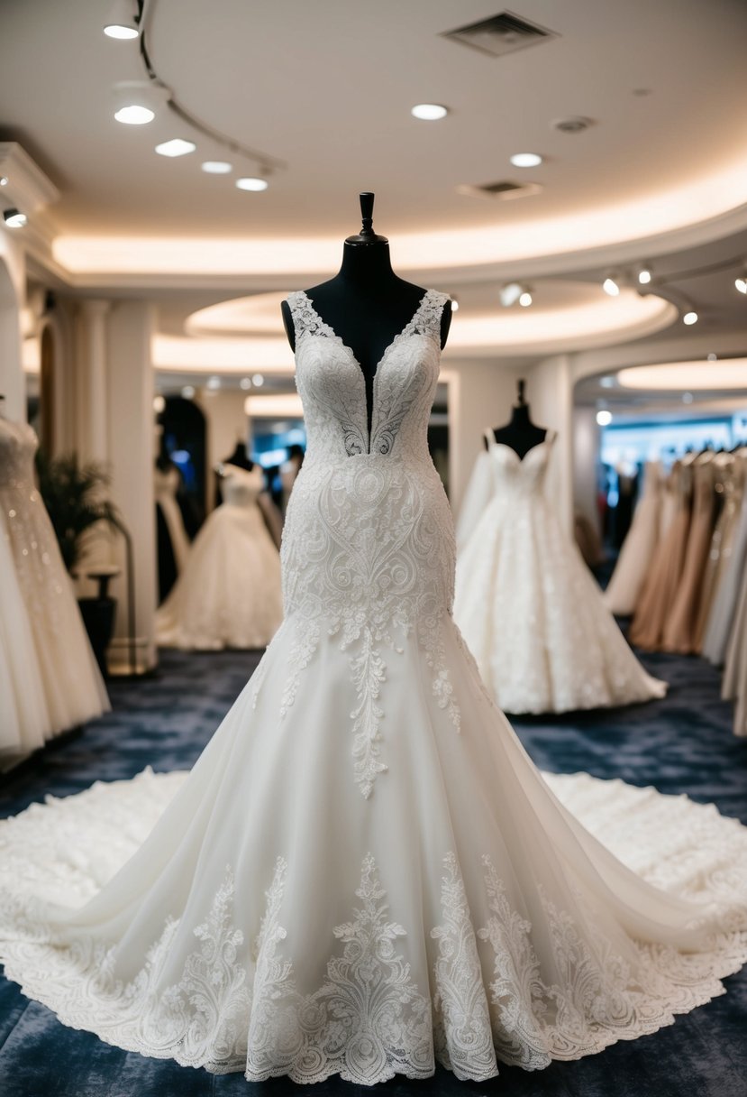 A luxurious wedding dress displayed on a mannequin in an elegant showroom