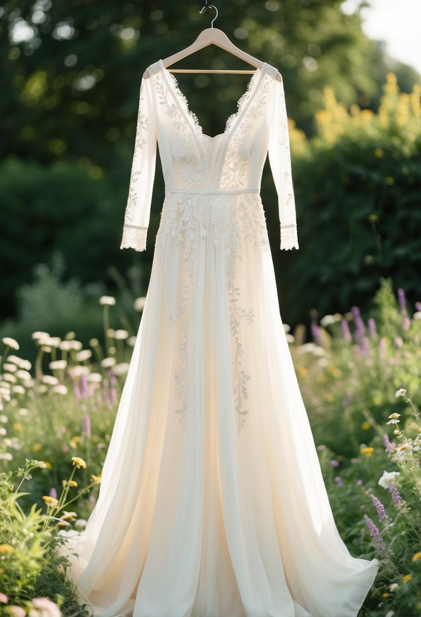 A flowing ivory wedding dress adorned with bohemian lace and delicate embroidery, set against a backdrop of lush greenery and wildflowers