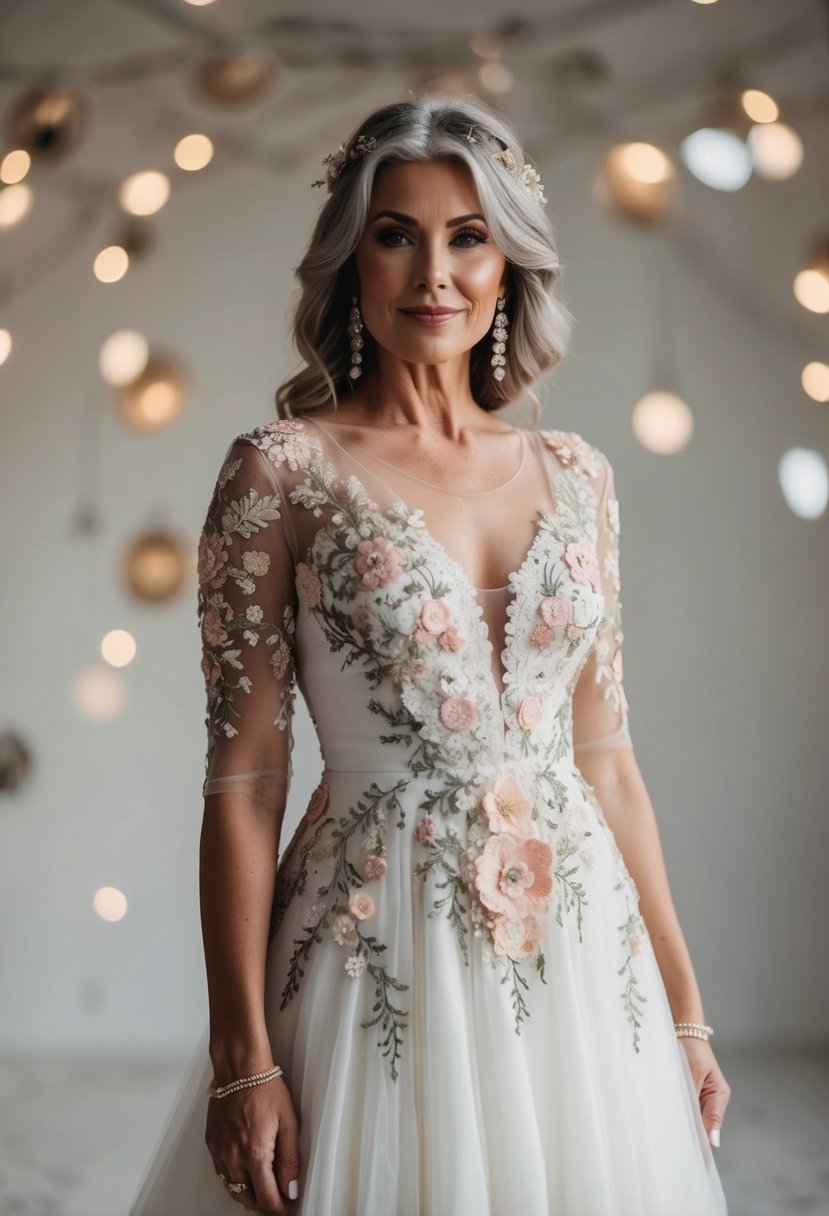 A bohemian-inspired wedding dress adorned with intricate floral appliques, showcasing a variety of styles for brides over 50