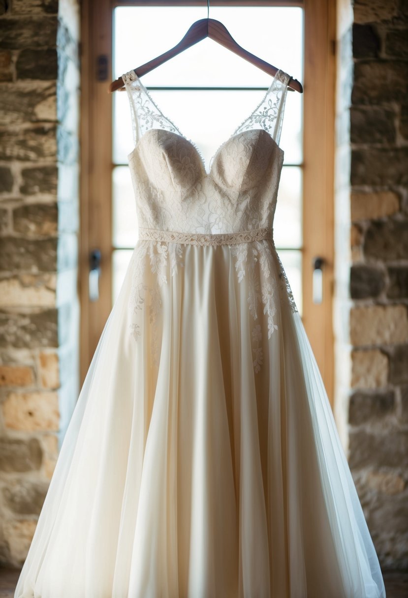 An ivory A-line wedding dress hanging on a rustic wooden hanger with delicate lace details and a flowing silhouette