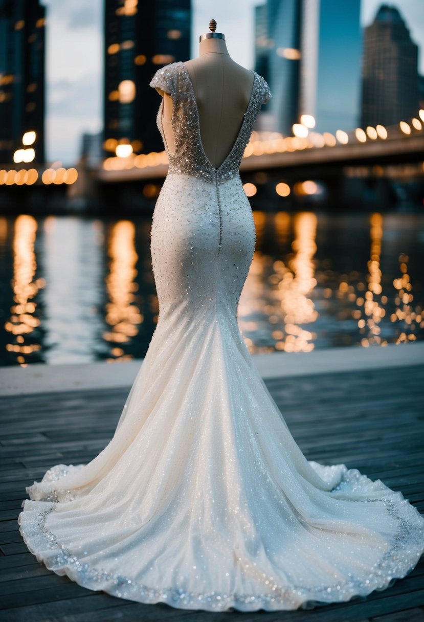 A sparkling mermaid-style wedding dress with cascading sequins and a dramatic train