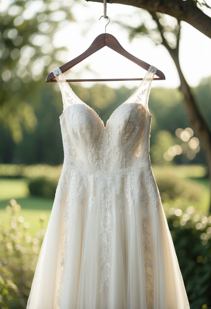 An ivory wedding dress with delicate embroidery hangs on a vintage wooden hanger, surrounded by soft natural light