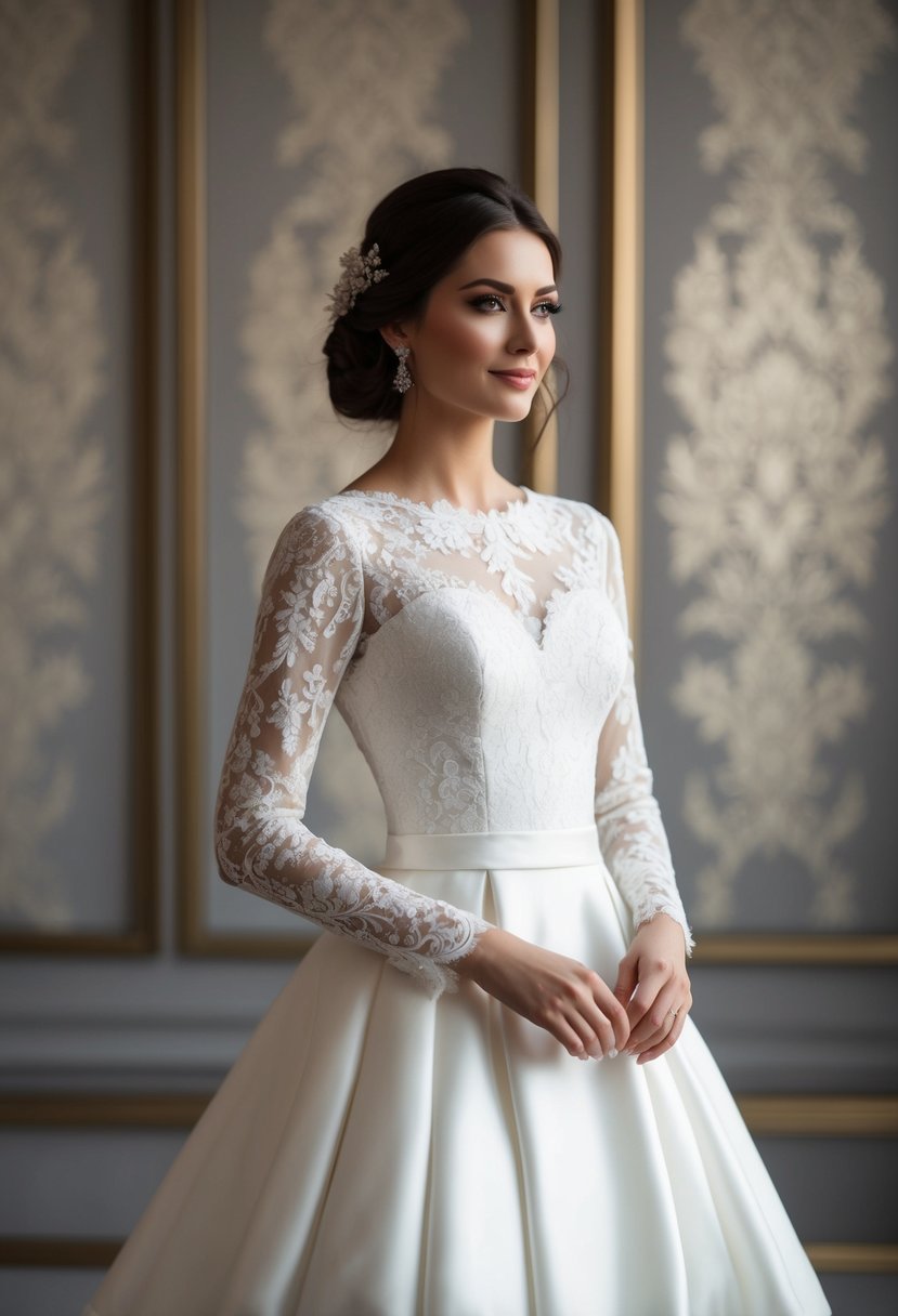 An elegant A-line wedding dress with delicate lace sleeves, set against a timeless backdrop