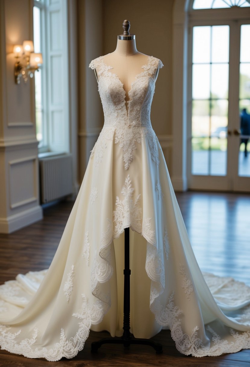 An elegant ivory wedding dress with a high-low hemline, showcasing intricate lace details and a flowing silhouette