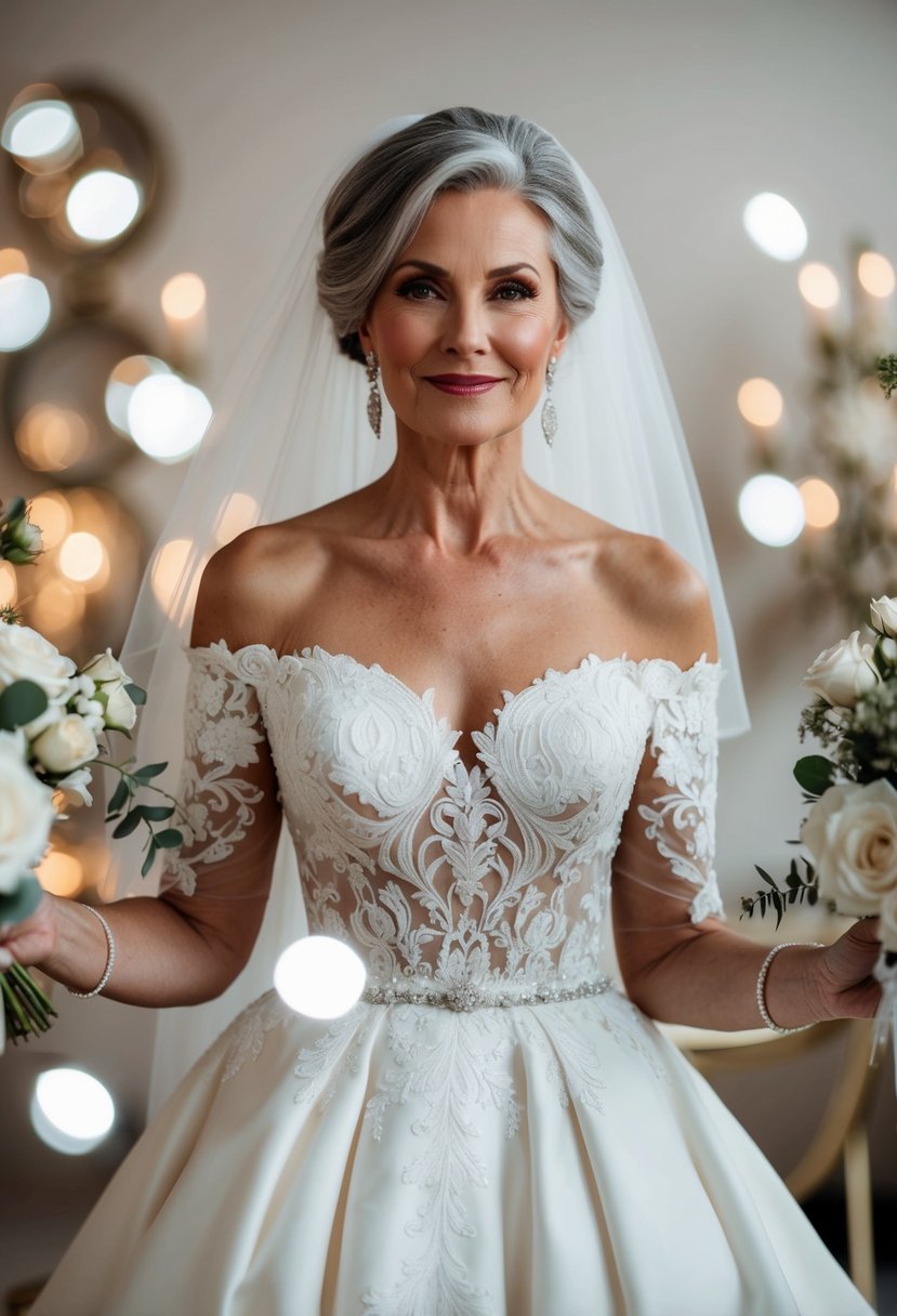 A mature bride wearing an elegant off-the-shoulder wedding dress, surrounded by chic design inspiration