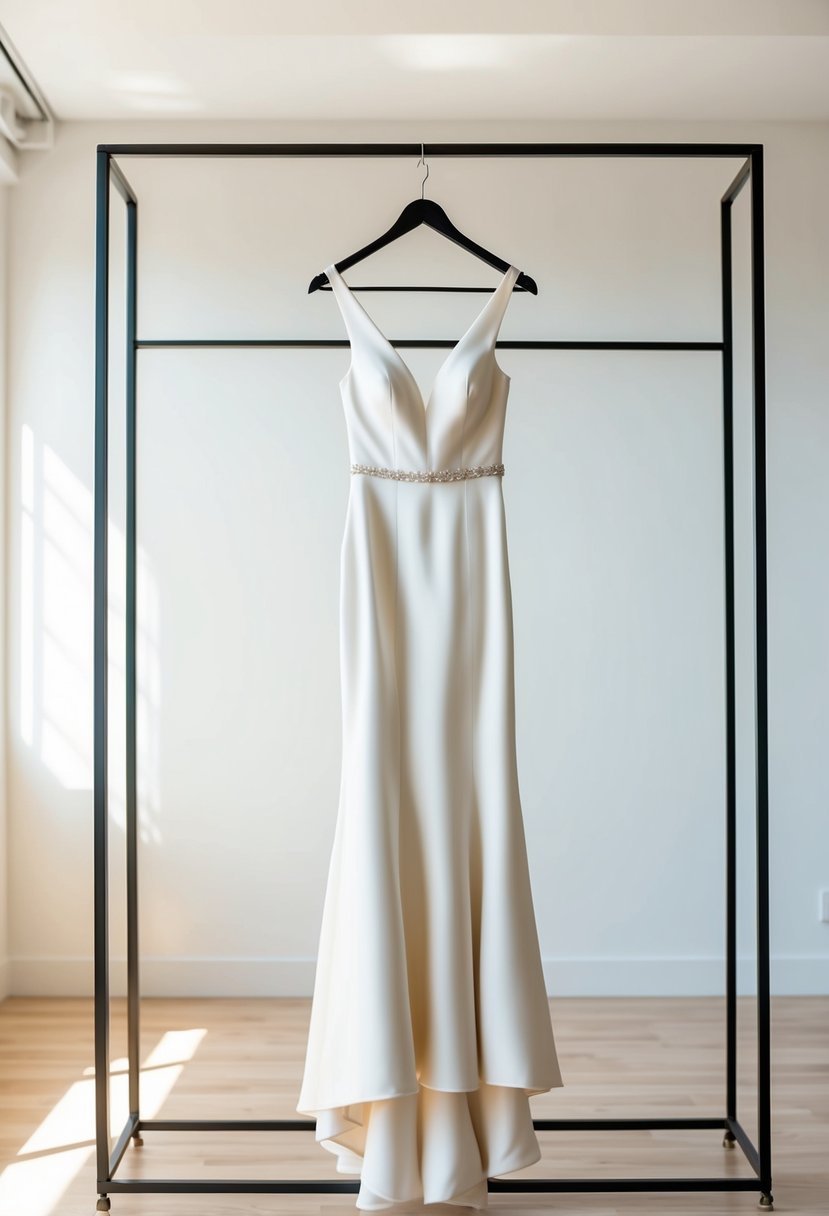 A sleek ivory wedding dress hangs on a minimalist metal clothing rack in a sunlit room with clean lines and neutral colors