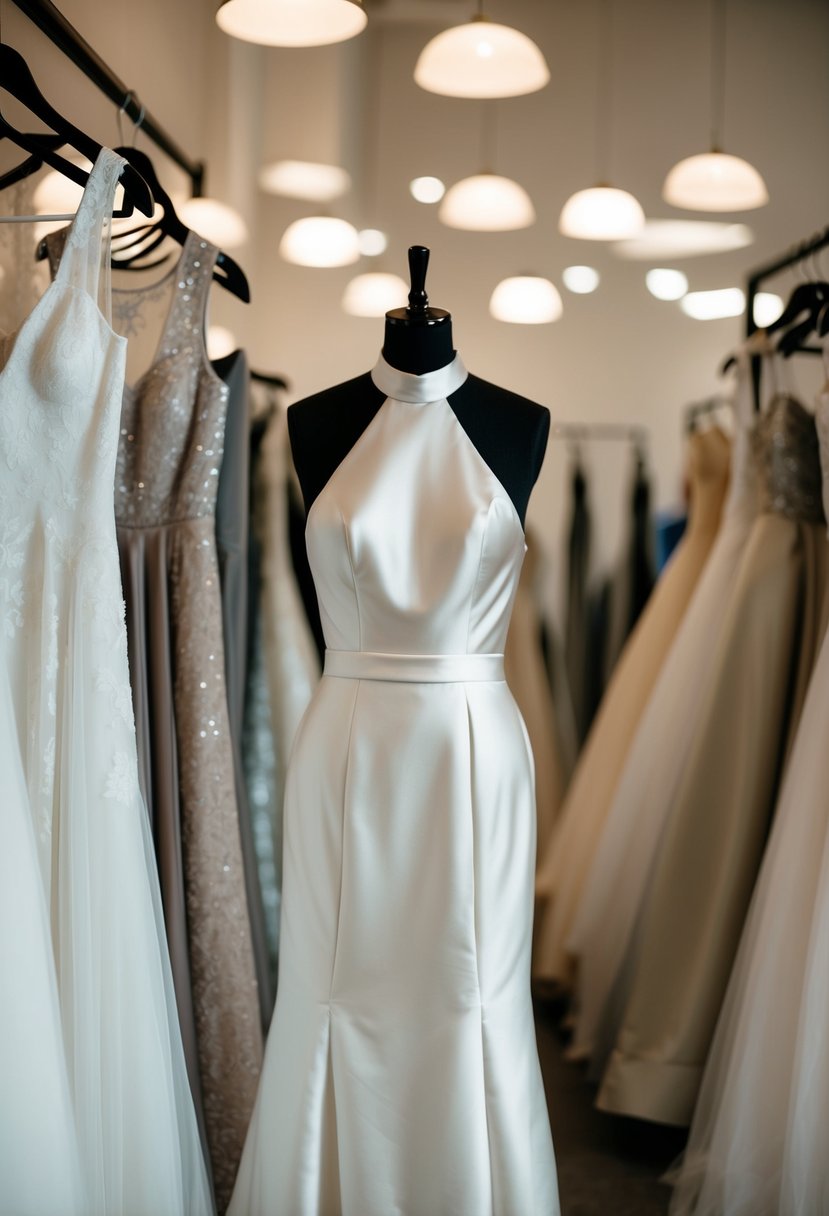 An elegant high-neck wedding dress with a satin finish hanging on a mannequin, surrounded by other bridal gown options