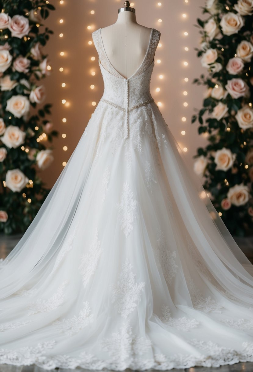 An elegant wedding dress with delicate lace, flowing train, and intricate beading, set against a backdrop of blooming roses and twinkling fairy lights