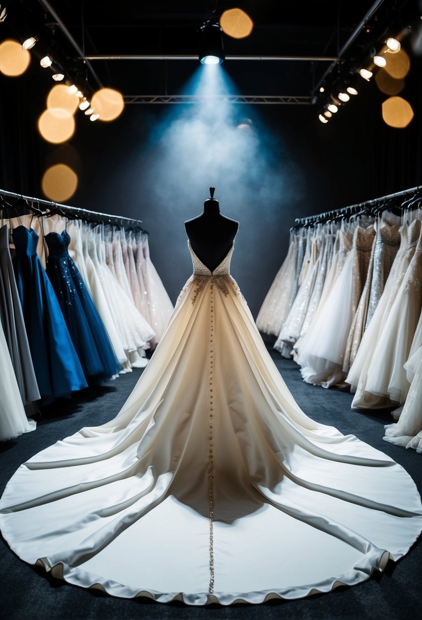 A spotlight illuminates a dramatic backless wedding dress with a flowing train, surrounded by a collection of over 50 different bridal gown designs