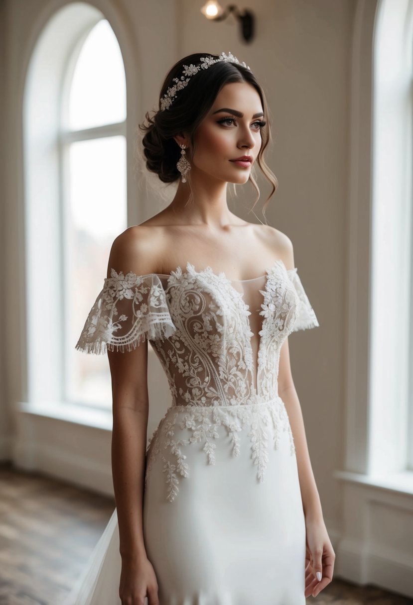 An off-shoulder gown with delicate lace embellishments cascading down the bodice, creating a romantic and elegant wedding dress