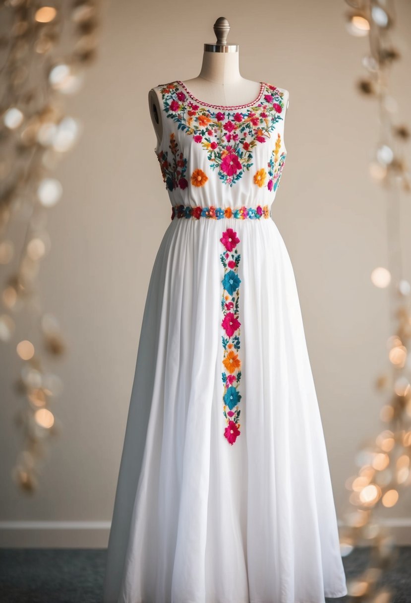 A white dress adorned with vibrant embroidery, standing out against a neutral background