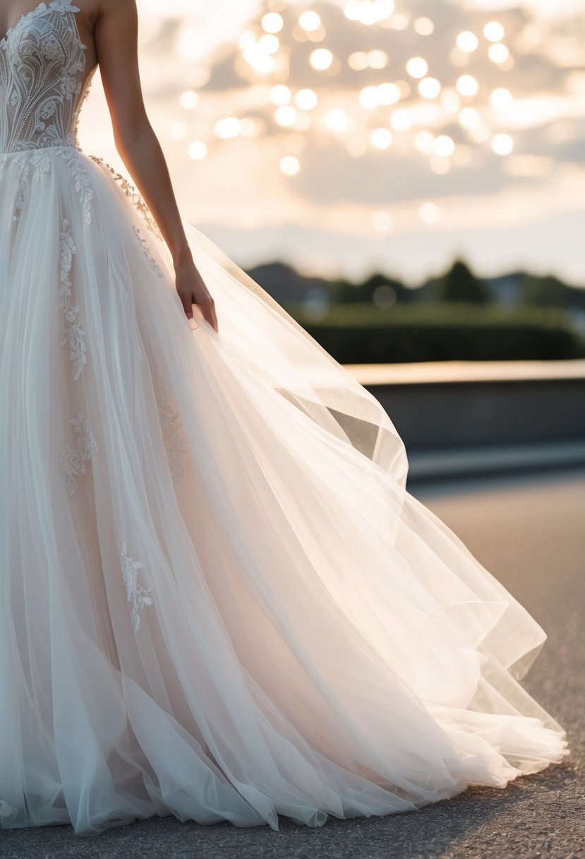 A soft, flowing tulle skirt billows in the wind, adorned with delicate lace and shimmering beads, creating a dreamy and romantic wedding dress