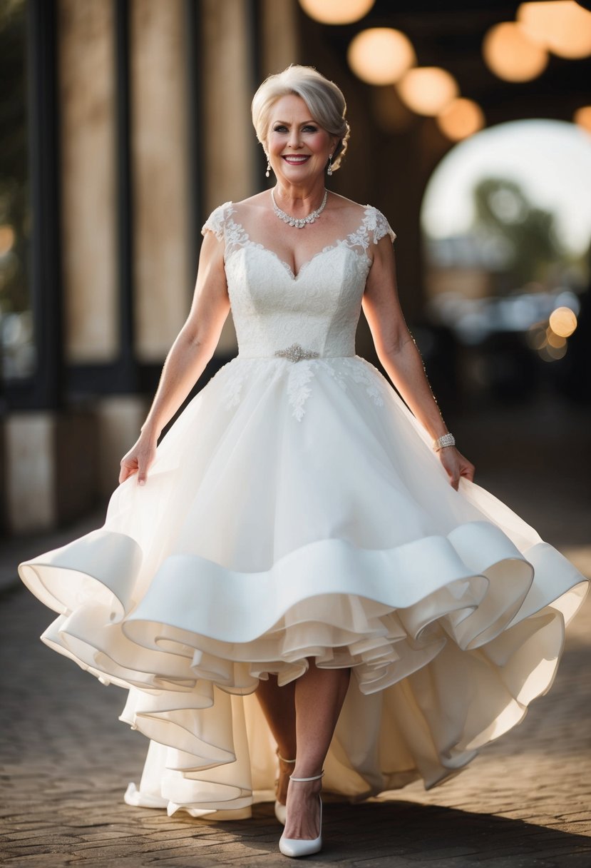 A mature bride twirls in a flirty tea-length gown, exuding confidence and elegance