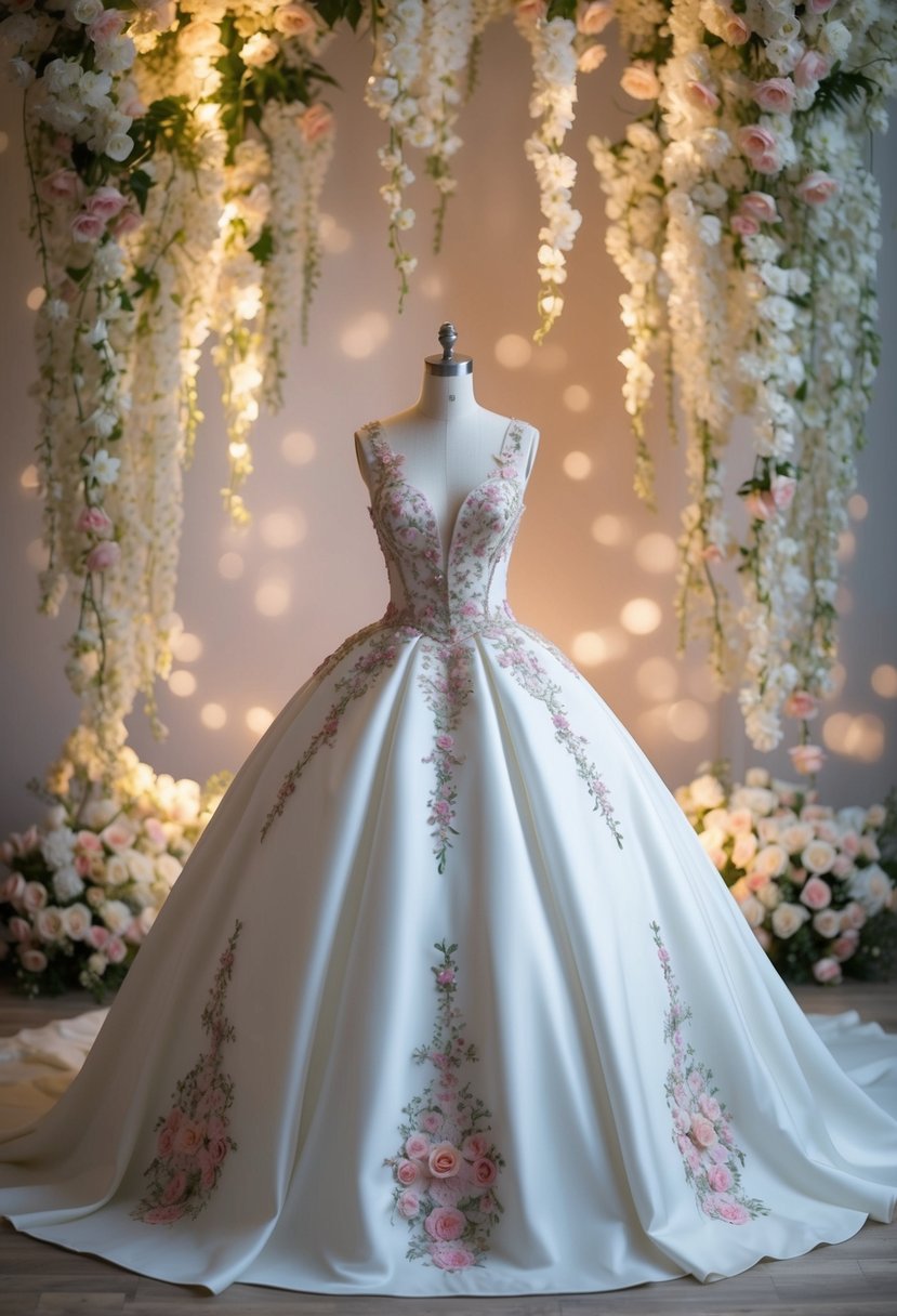 A beautiful ball gown adorned with intricate floral appliqués, set against a dreamy backdrop of cascading flowers and soft, romantic lighting