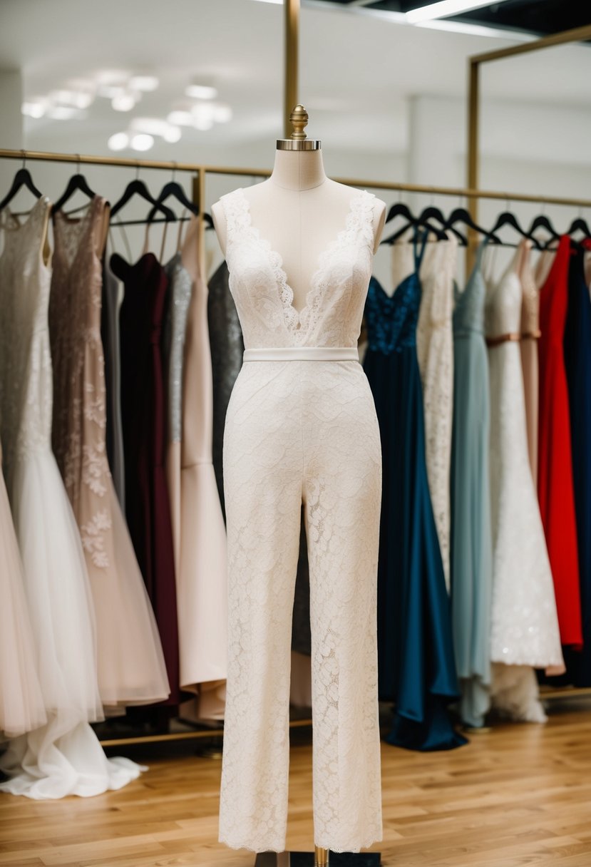 A contemporary jumpsuit with lace overlay displayed alongside over 50 bride wedding dress ideas