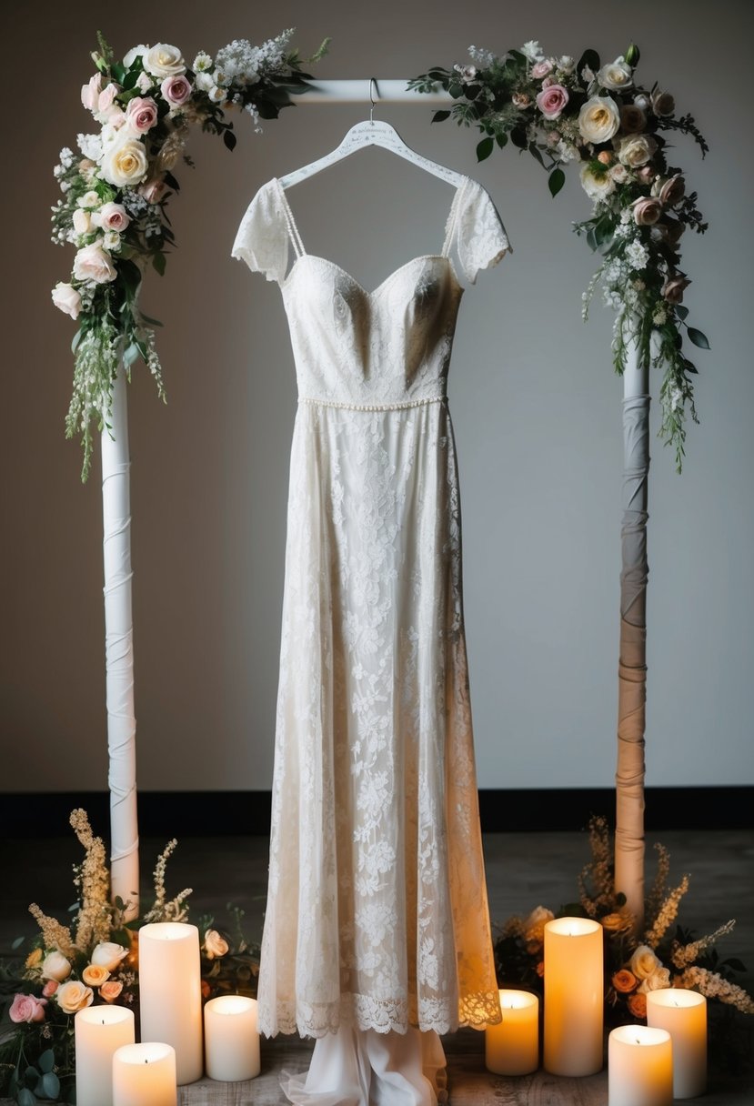 A vintage-inspired column dress hangs on a lace-covered mannequin, surrounded by soft candlelight and delicate floral arrangements