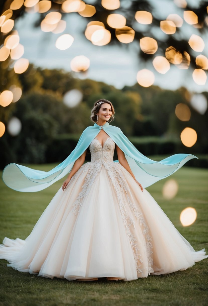 A whimsical gown adorned with capes, surrounded by 50 wedding dress ideas