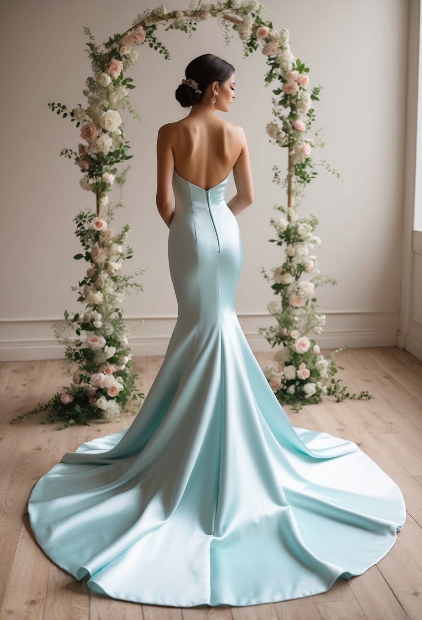 An elegant satin mermaid gown flowing gracefully in a soft, romantic setting with delicate floral accents