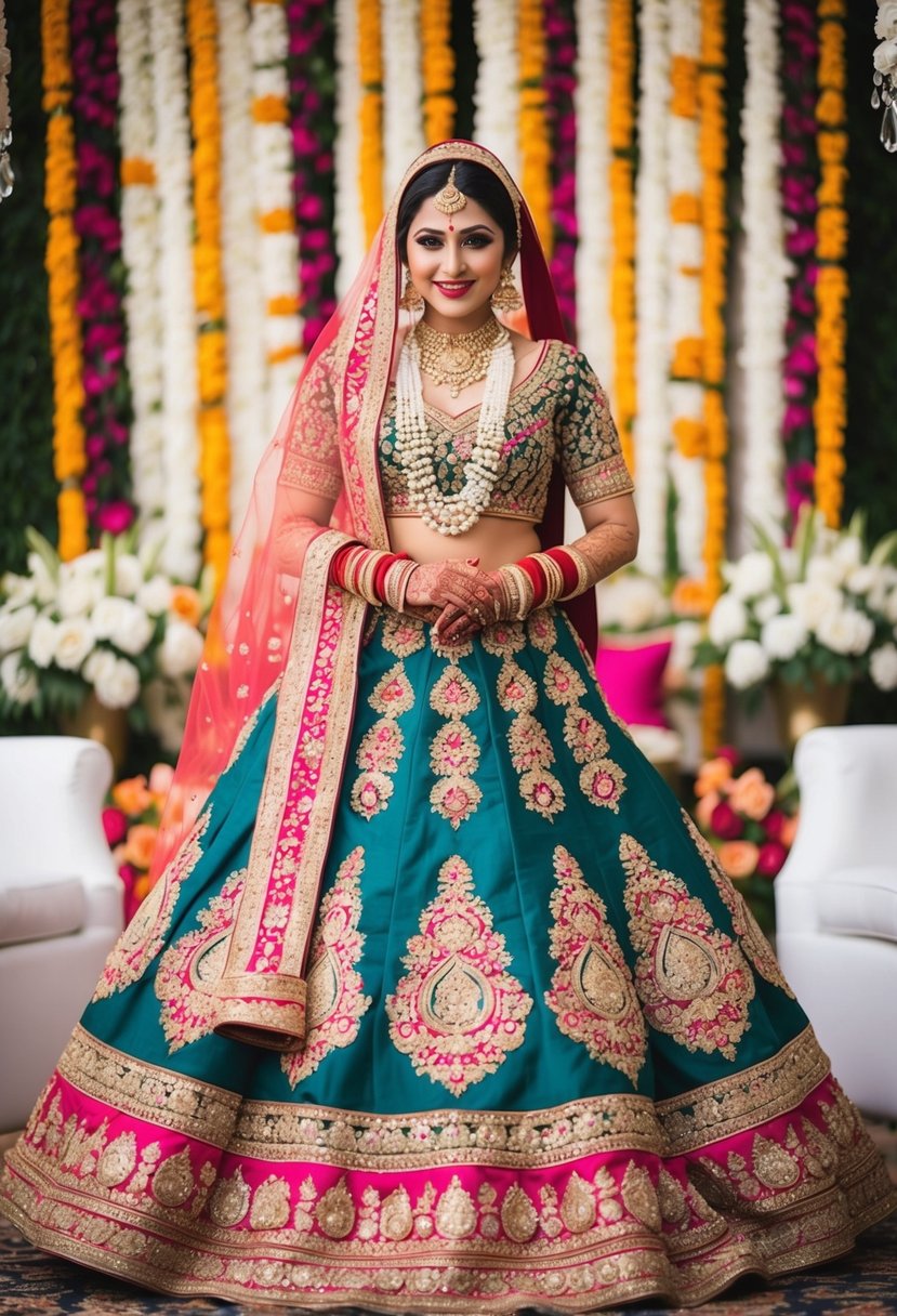 A vibrant and ornate traditional Indian wedding dress with intricate embroidery and rich colors, surrounded by cascading floral arrangements and sparkling jewelry