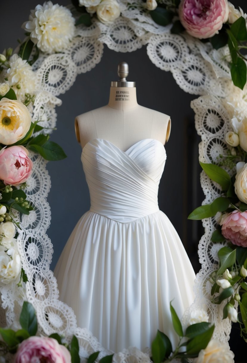 A strapless sweetheart dress on a mannequin, surrounded by vintage lace and floral accents