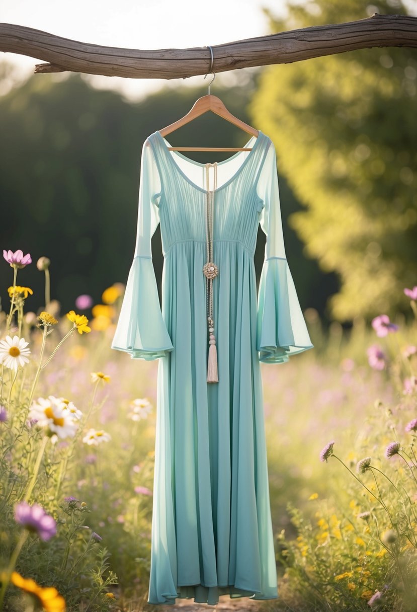 A flowing, bohemian bell sleeve dress hangs on a rustic wooden hanger, surrounded by wildflowers and soft, natural lighting