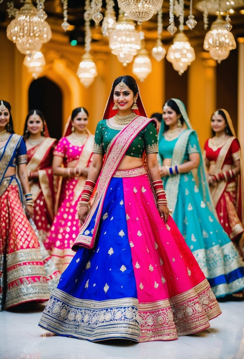 A vibrant display of multicolored lehengas adorned with intricate silver and golden zariwork, creating a festive and elegant desi wedding dress scene