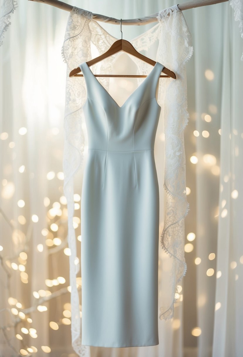 A sleek, minimalist sheath dress hangs on a hanger against a soft, dreamy backdrop of delicate lace and ethereal lighting