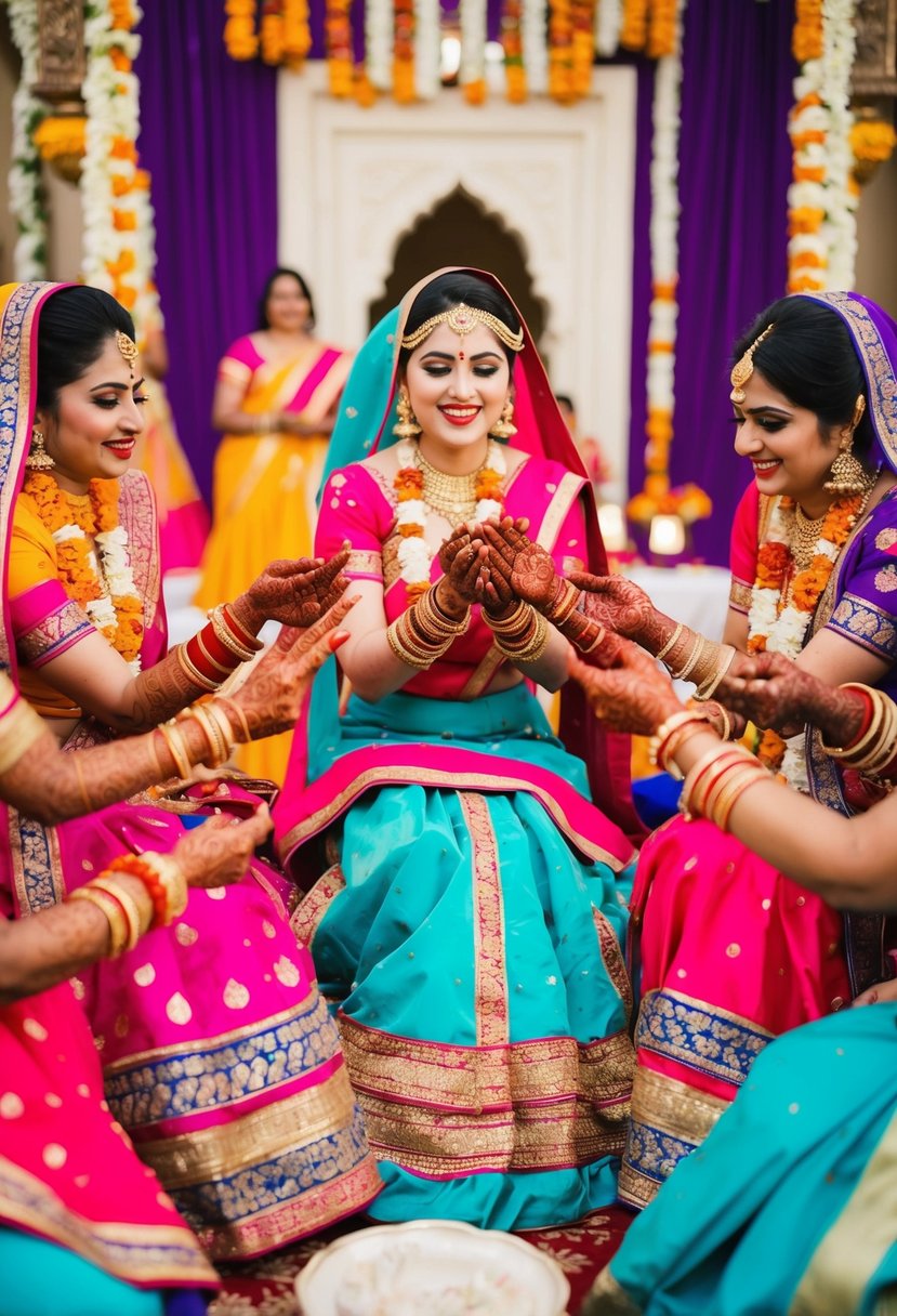 A vibrant mehendi ceremony with women in colorful shararas and intricate henna designs. Richly decorated surroundings with traditional elements