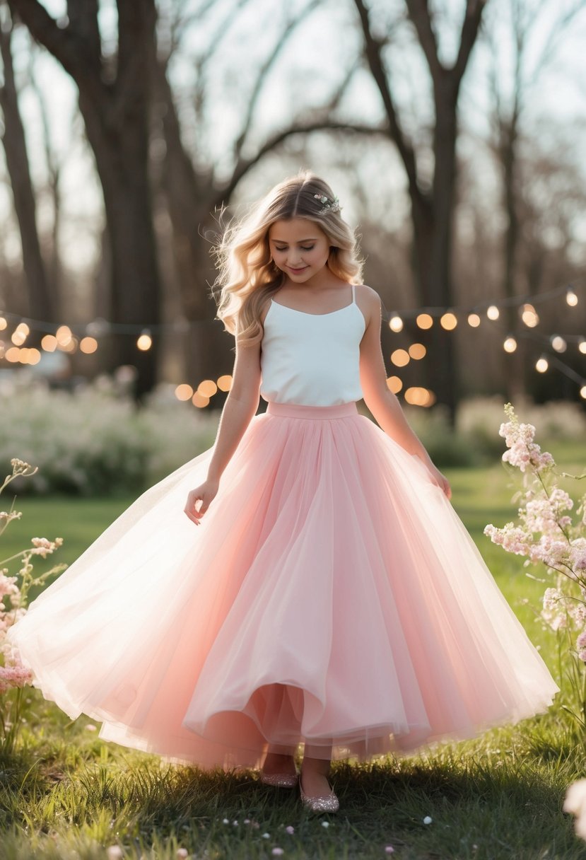 A soft pink tulle skirt flowing in the wind, surrounded by delicate flowers and twinkling fairy lights