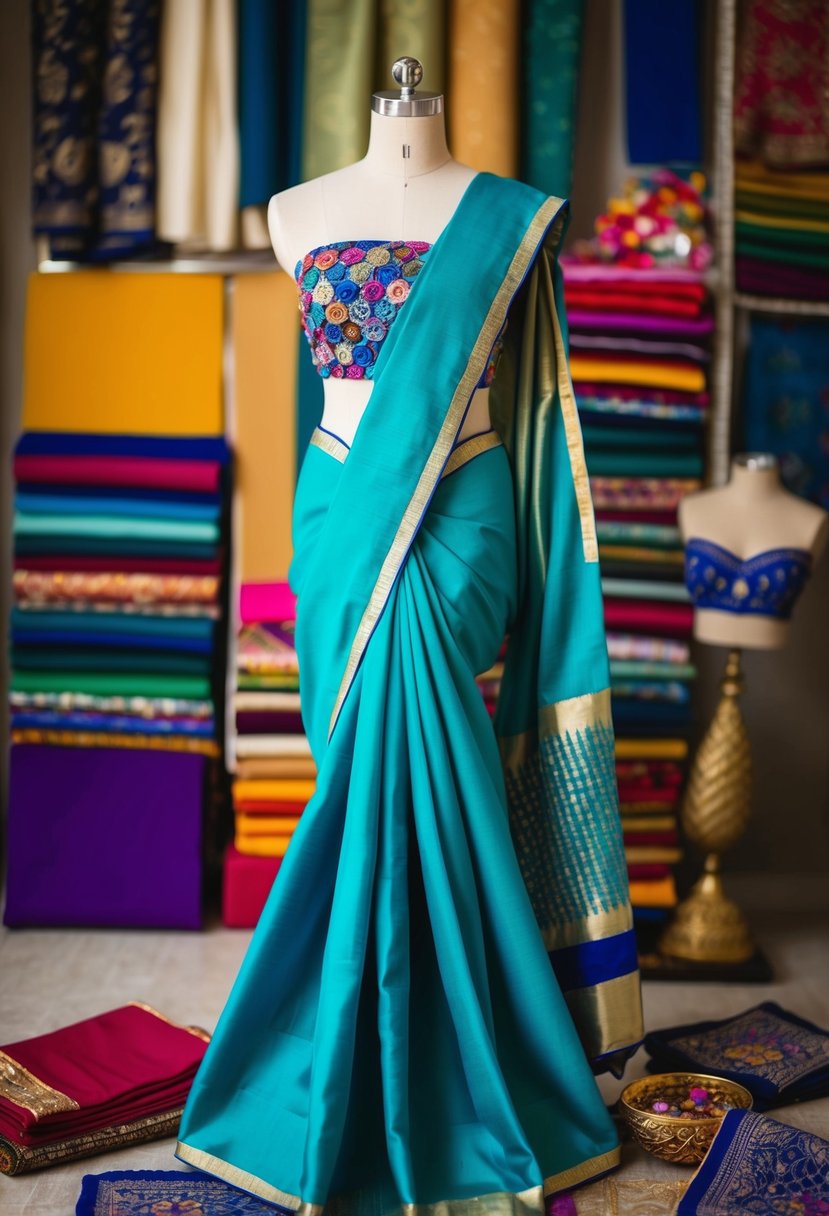 A mannequin wearing a pre-draped saree gown, surrounded by colorful fabric swatches and traditional Indian embroidery samples