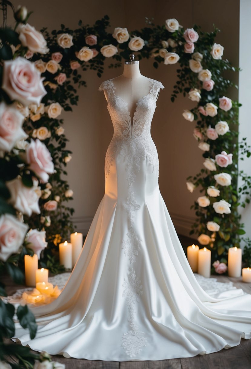 A flowing silk fit-and-flare wedding dress with intricate lace details, surrounded by blooming roses and soft candlelight